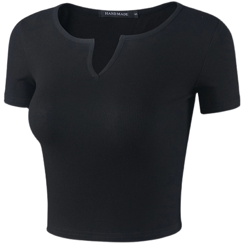 Women Ribbed V-Notch Crop Top Short Sleeve Slim Fit Yoga T-Shirt Quick Dry Breathable Sporty Athletic Gym Workout Top
