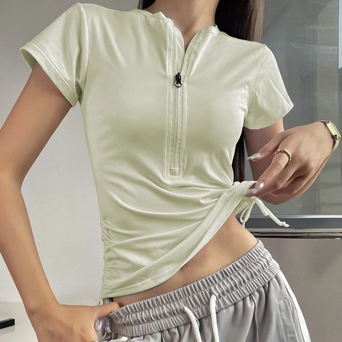 Damen Kurzarm Yoga Top Mit Halbreißverschluss Seitlicher Kordelzug Gerafft Slim Fit Sport T-Shirt Workout Fitness Bekleidung