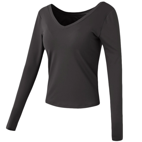 Women Slim Fit V Neck Long Sleeve Yoga Top With Chest Pad Thumbhole Athletic Workout T-Shirt Fitness Gym Sportswear