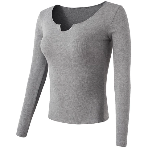 Top Corto Sexy a Maniche Lunghe in Maglia a Costine Scollo con Intaglio Slim Fit Maglietta Yoga Traspirante Fitness Sportiva Donna