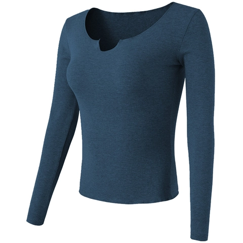 Top Corto Sexy a Maniche Lunghe in Maglia a Costine Scollo con Intaglio Slim Fit Maglietta Yoga Traspirante Fitness Sportiva Donna