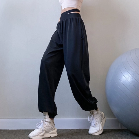 Damen High Waist Yoga Jogger Doppelter Ausschnitt Bund Schnelltrocknend Atmungsaktiv Locker Sporthose Fitness Laufen Freizeit Hose