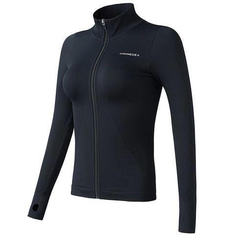 Women Slim Fit Yoga Jacket Long Sleeve Fitness Running Top With Thumb Holes Breathable Sporty Stand Collar Outdoor Coat