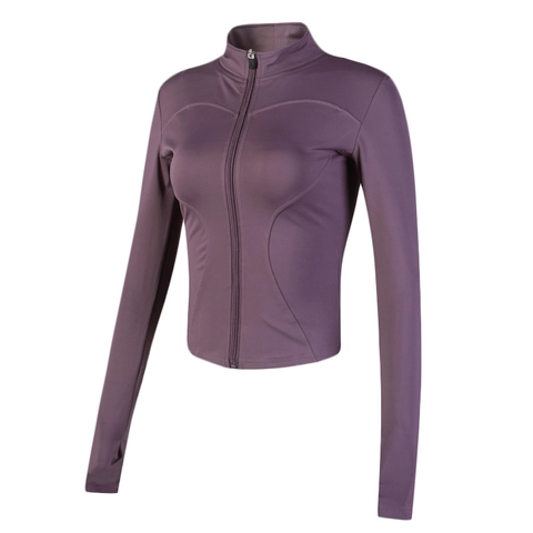 Women Slim Fit Yoga Jacket Stand Collar Full Zip Running Top With Thumbholes Breathable Polyester Blend Sporty Activewear