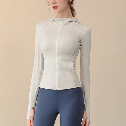 Vrouwen Slim Fit Sportjack Met Kapuze Lange Mouwen Yoga Hardloopjack Met Duimgaten Polyester Mix Sportkleding