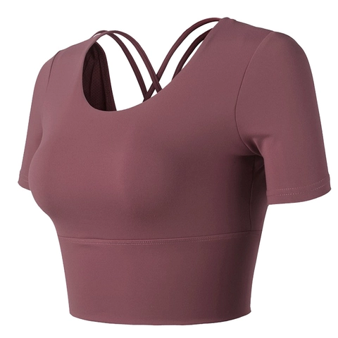 Top de Yoga para Mujer Manga Corta Espalda Cruzada Ajustado Camiseta Deportiva Con Almohadillas Transpirable Gimnasio