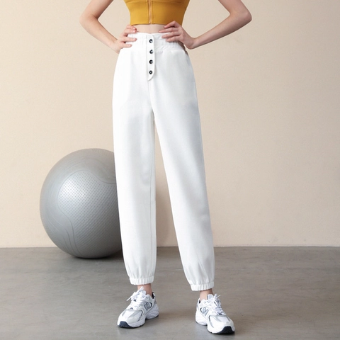 Women High Waist Loose Joggers Polyester Blend Sweatpants With Buttons Sports Casual Running Pants Activewear