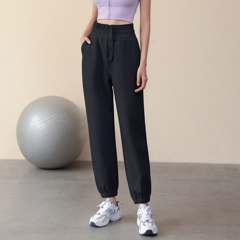 Women High Waist Loose Joggers Polyester Blend Sweatpants With Buttons Sports Casual Running Pants Activewear