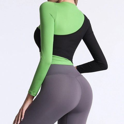 Top de Yoga de Manga Larga con Bloques de Color Asimétricos para Mujer Secado Rápido Ajuste Delgado Fitness Correr Pulóver