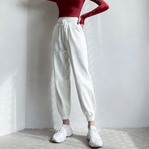 Damen Casual Baumwollmischung Jogginghose Hohe Taille Lockere Sportpants Mit Kordelzug Taschen Für Fitness Laufen Hose
