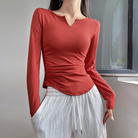 Maglietta Sportiva da Donna Slim Fit a Maniche Lunghe con Scollo a V e Ruching Laterale Top Yoga con Imbottiture