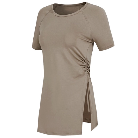 Top da Yoga Sportivo Casual da Donna a Maniche Corte in Misto Poliestere Traspirante Largo con Coulisse Laterale Spacco T-Shirt Fitness
