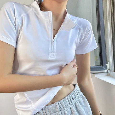 Camiseta de Yoga para Mujer Ajustada con Media Cremallera Secado Rápido Cuello Alto Manga Corta Top de Entrenamiento Transpirable