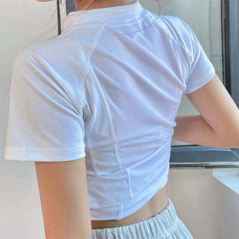 Camiseta de Yoga para Mujer Ajustada con Media Cremallera Secado Rápido Cuello Alto Manga Corta Top de Entrenamiento Transpirable