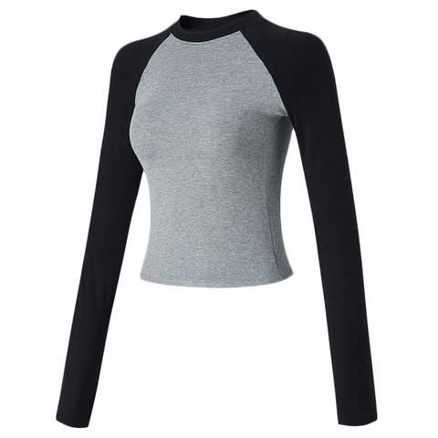 Women Raglan Sleeve Cropped Ribbed Knit Top Sporty Contrast Color Long Sleeve Yoga Running Tight Fit T-Shirt Activewear