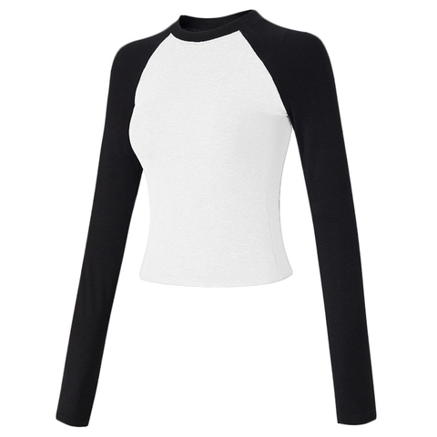 Women Raglan Sleeve Cropped Ribbed Knit Top Sporty Contrast Color Long Sleeve Yoga Running Tight Fit T-Shirt Activewear