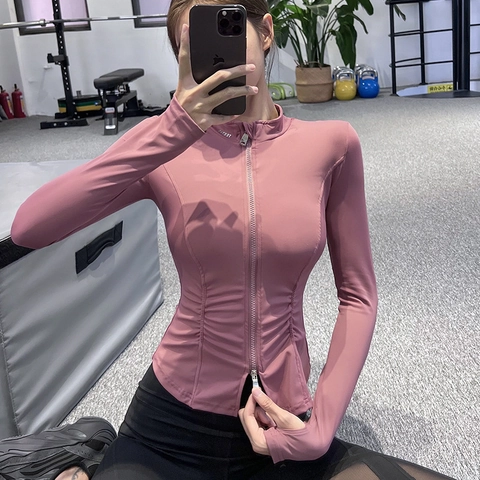 Γυναικείο Slim Fit Μπουφάν Γιόγκα Στεγνώνει Γρήγορα Αθλητικό Top Όρθιος Γιακάς Φερμουάρ Δύο Δρόμων Μπουφάν Τρεξίματος με Τρύπες για τον Αντίχειρα