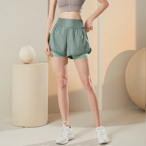 Women High Waist Double Layer Athletic Shorts Quick Dry Polyester Breathable Running Yoga Shorts Attached Lining Fitness Skort