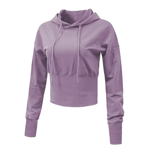 Women Cropped Hoodie Long Sleeve Active Top With Thumbholes Yoga Running Fitness Sweatshirt Solid Color Cotton Blend