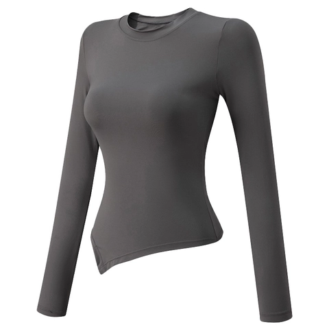 Damen Yoga Top Langarm Rückenausschnitt Kordelzug Gerippt Fitness Shirt Asymmetrischer Saum Nylon Spandex Sportbekleidung