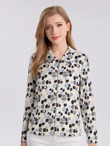 Camisa de Manga Larga para Mujer Mezcla de Seda de Mora y Viscosa con Solapa y Cremallera Estampado de Lunares Top Casual