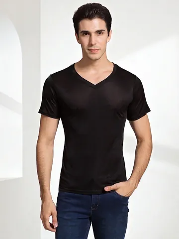 100% Maulbeerseide Herren T-Shirt V-Ausschnitt Kurzarm Atmungsaktiv Slim Fit Gestrickt Casual Sommer Leicht Weiches Unterhemd Top