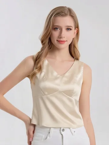 Canotta da Donna in Seta di Gelso Scollo a V Senza Maniche Con Imbottiture al Petto Elegante Camisole in Raso di Seta 16 Momme