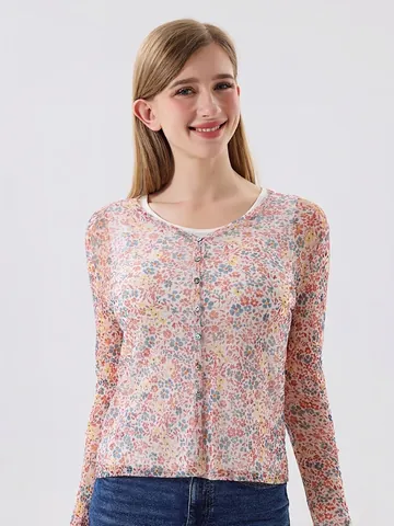 Women's 100% Mulberry Silk Mesh Floral Printed Sun Protection Cardigan Long Sleeve Single Breasted Breathable Lightweight Top