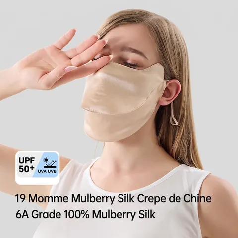 Maschera Protettiva in Seta di Gelso 100% UPF 50+ Traspirante Regolabile Copertura Viso in Seta per Donna Outdoor Estate