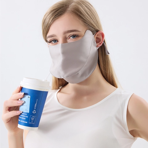 Maschera Protettiva in Seta di Gelso 100% UPF 50+ Traspirante Regolabile Copertura Viso in Seta per Donna Outdoor Estate