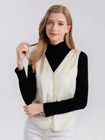 Chaleco Acolchado de Seda de Morera para Mujer Cuello en V Pata de Gallo Jacquard Chaqueta sin Mangas para Otoño