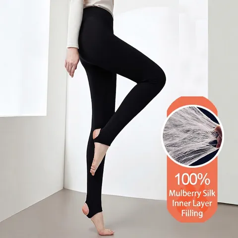 Damen Hohe Taille Verdickte Thermoleggings Maulbeerseide Gefüllt Winter Warm Schlankmachende Steghose Winddichte Hose