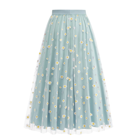 Damen Hohe Taille Gänseblümchen Bedruckt Netz Midi A-Linie Rock Elegant Floral Tüll Pastoraler Stil Rock Für Urlaub Damen