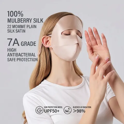 Maschera Facciale di Protezione Solare in Seta di Gelso 100% UPF 50+ Blocco UV Traspirante Lavabile Raso di Seta Scudo di Raffreddamento all'Aperto