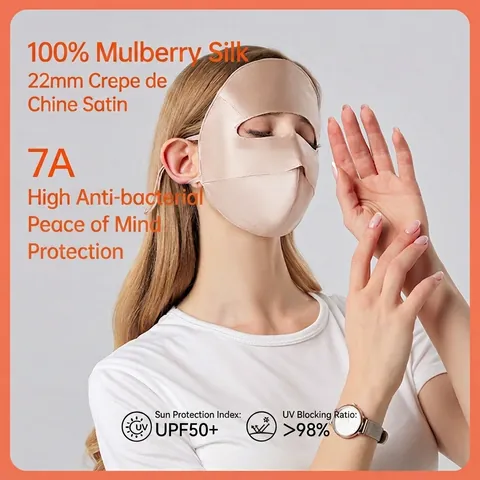 Maschera Facciale di Protezione Solare in Seta di Gelso 100% UPF 50+ Blocco UV Traspirante Lavabile Raso di Seta Scudo di Raffreddamento all'Aperto