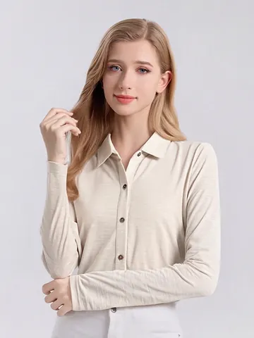 Women's 100% Wool Long Sleeve Knit Shirt Lapel Button Down Thin Superfine Australian Wool Commute Blouse Solid Color Top