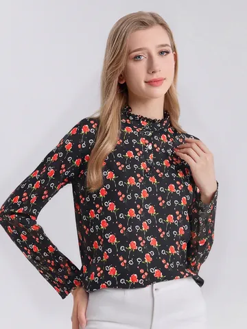 Damen MaulbeerSatinnmischung Bedrucktes Langarm T-Shirt Vintage Rüschen Stehkragen Floral Abstrakt Pullover Lässiges Oberteil