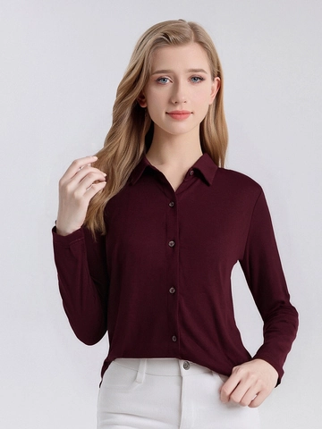 Women's 100% Wool Long Sleeve Knit Shirt Lapel Button Down Thin Superfine Australian Wool Commute Blouse Solid Color Top