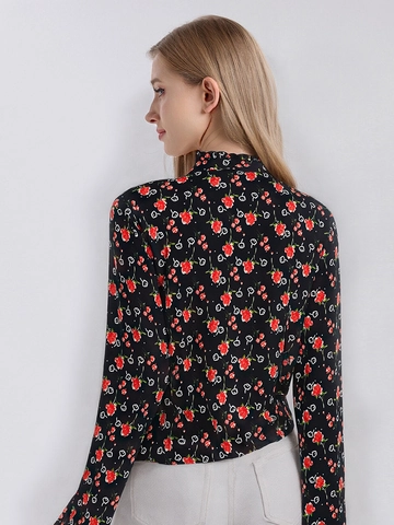 Damen MaulbeerSatinnmischung Bedrucktes Langarm T-Shirt Vintage Rüschen Stehkragen Floral Abstrakt Pullover Lässiges Oberteil