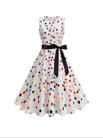 Women Vintage Retro Style Sleeveless A-Line Midi Dress Colorful Polka Dot White Summer Party Vacation Sundress With Bow Tie