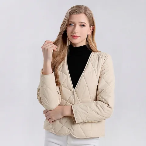 Chaqueta Acolchada con Cuello en V para Mujer Relleno de Seda de Morera Forro Interior Ligero Abrigo con Patrón de Diamantes