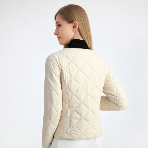 Chaqueta Acolchada con Cuello en V para Mujer Relleno de Seda de Morera Forro Interior Ligero Abrigo con Patrón de Diamantes