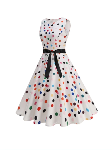 Women Vintage Retro Style Sleeveless A-Line Midi Dress Colorful Polka Dot White Summer Party Vacation Sundress With Bow Tie