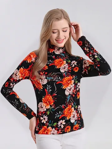 Elegante Pullover a Dolcevita con Stampa Floreale da Donna in 100% Lana Extrafine Maglione a Maglia a Maniche Lunghe per Autunno Inverno Caldo Moda