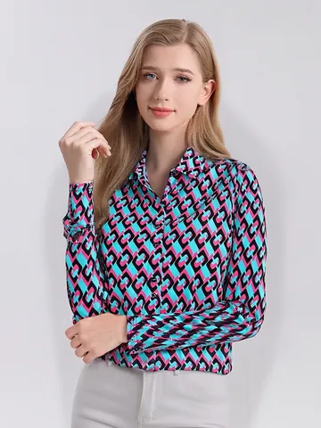Damen Langarm Maulbeerseidenmischung Hemd Elegante Blumig Geometrisch Bedruckte Bluse Revers Einreihig Casual Büro Top