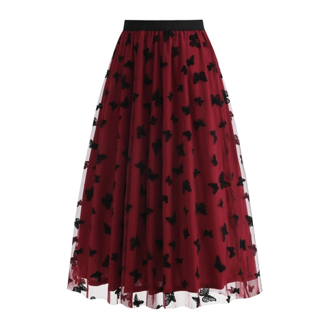 Gonna Lunga in Rete a Vita Alta da Donna Elegante Ricamo a Farfalla 3D Linea a Tulle Plissettata Gonna a Ruota per Festa di Halloween