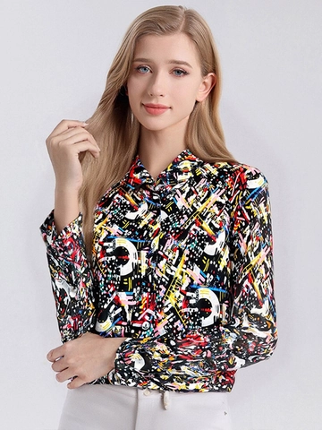 Damen Langarm Maulbeerseidenmischung Hemd Elegante Blumig Geometrisch Bedruckte Bluse Revers Einreihig Casual Büro Top