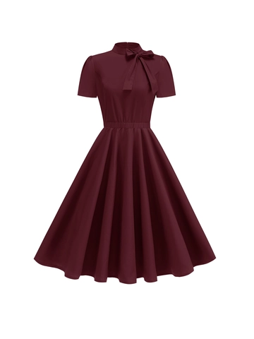 Women's Vintage Hepburn Style Bow Tie Short Sleeve A-Line Midi Dress Elegant Slimming High Waist Puff Skirt Party Dress