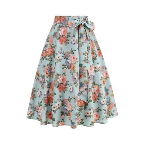 Falda Midi de Línea A de Cintura Alta Vintage para Mujer con Estampado Floral con Lazo Verano Casual Retro Elegante Falda Fluida