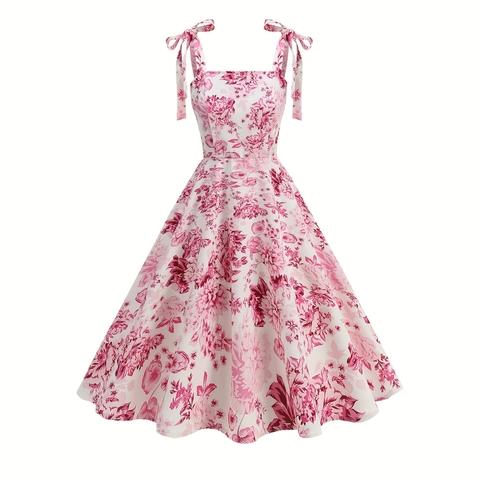 Damen Vintage Blumenmuster A-Linie Kleid Bindeband Schulter Hohe Taille Gesmokter Rücken Eckiger Ausschnitt Midi Kleid Sommer
